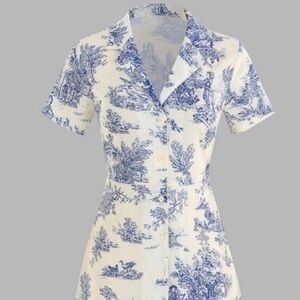 Cider Blue & White Toile Button-Front Mini Dress